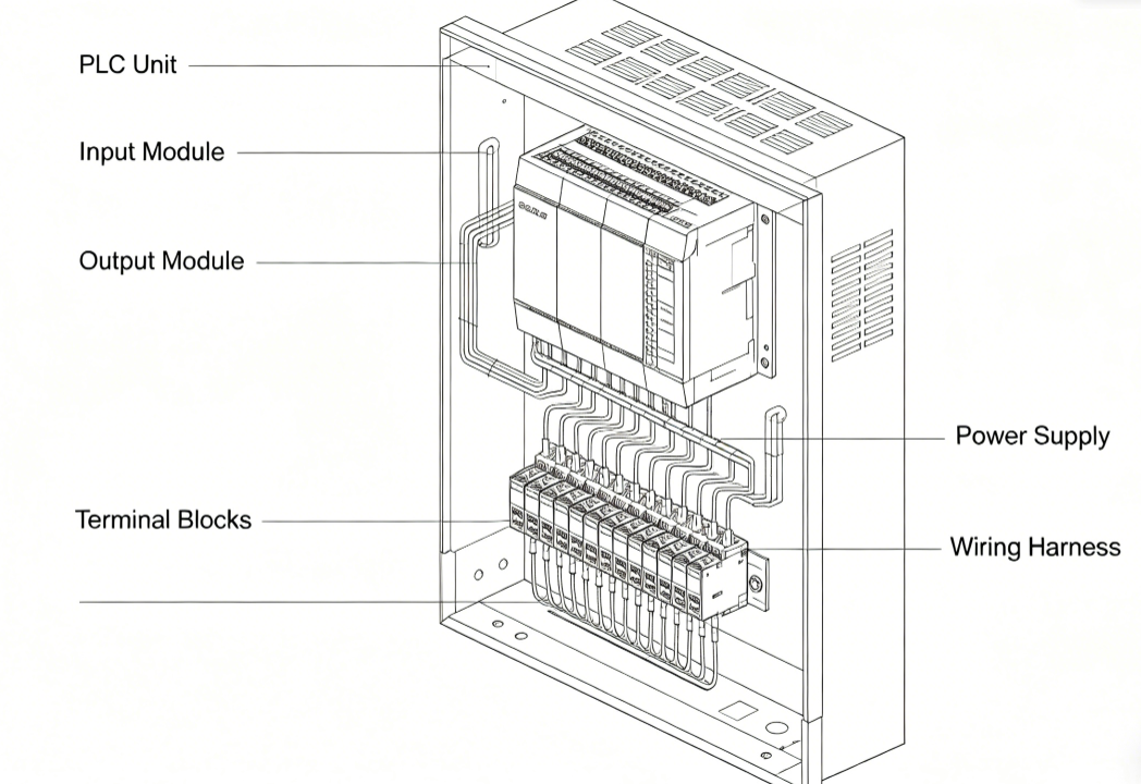 1775714645392995.png Practical PLC system setup with CPU module, I O modules and industrial control panel.png
